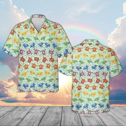 Green animal hawaiian shirt featuring multicolor turtles, front view
