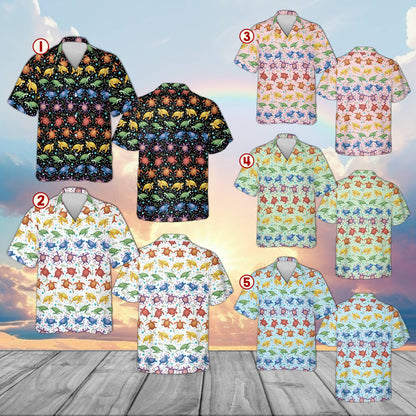 Close up view of the multicolor turtles hawaiian shirt fabric pattern