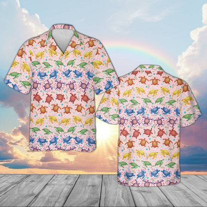 Pink matching family hawaiian shirts with turtle print, front view