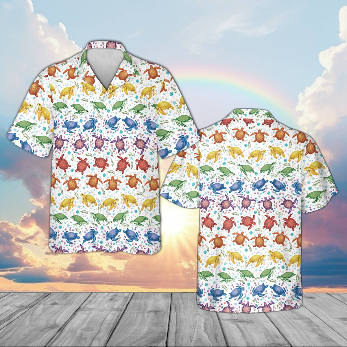 White turtles hawaiian shirt with colorful sea turtle design, front view