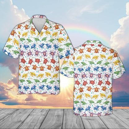 White turtles hawaiian shirt with colorful sea turtle design, front view