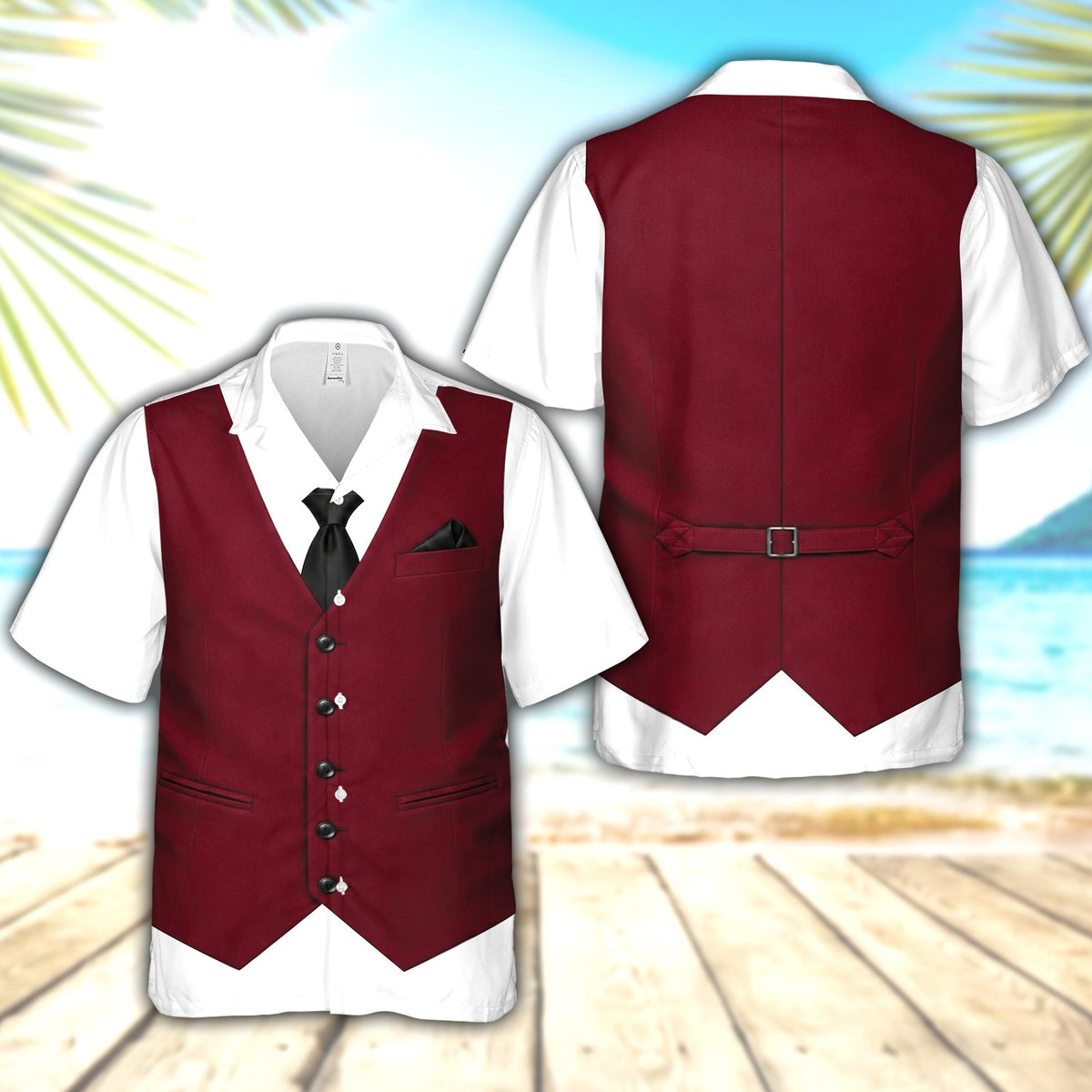 Maroon tuxedo vest hawaiian shirt, back view showing printed details
