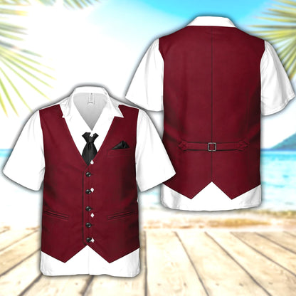 Maroon tuxedo vest hawaiian shirt, back view showing printed details