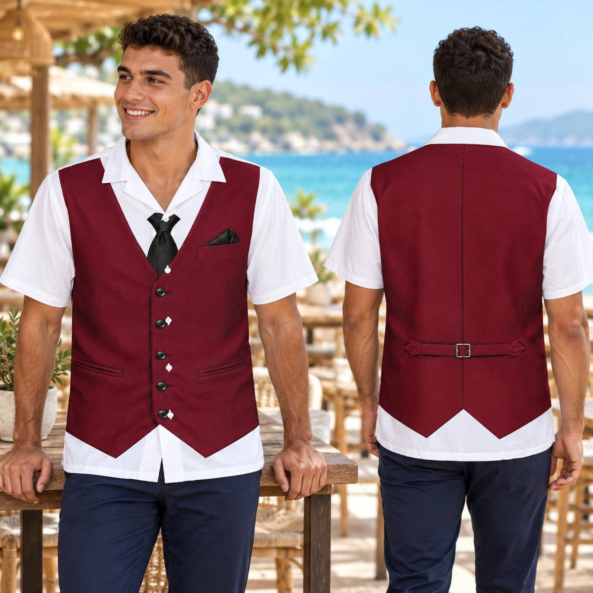Maroon tuxedo vest hawaiian shirt mimicking a formal vest and tie, front view
