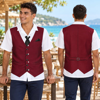 Maroon tuxedo vest hawaiian shirt mimicking a formal vest and tie, front view