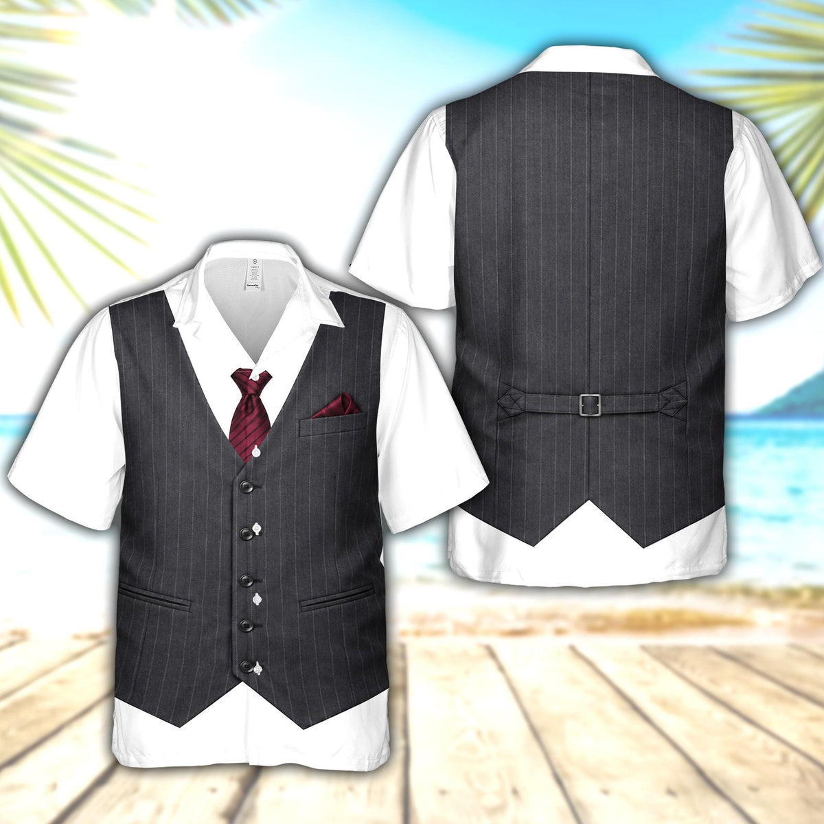 Multicolor tuxedo vest hawaiian shirt, front view