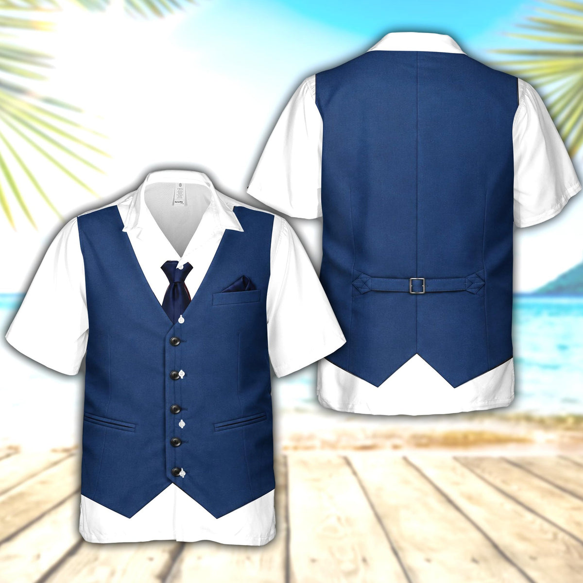 Multicolor tuxedo vest hawaiian shirt, front view variation