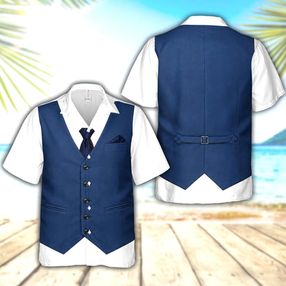 Multicolor tuxedo vest hawaiian shirt, front view variation