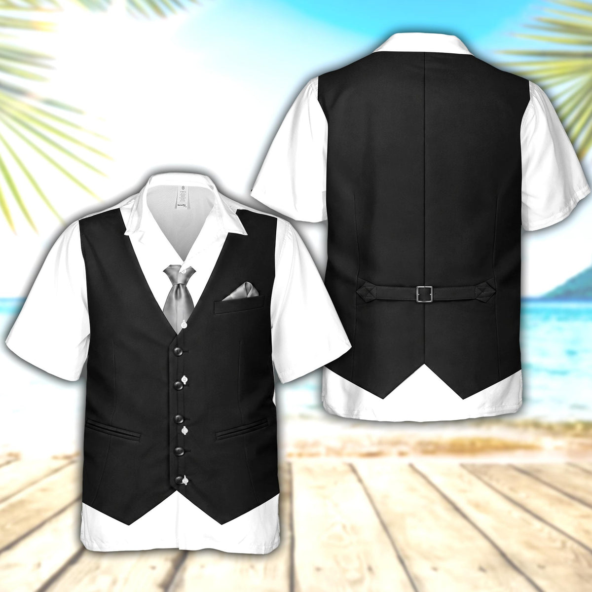 Multicolor tuxedo vest hawaiian shirt, detailed front view