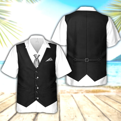 Multicolor tuxedo vest hawaiian shirt, detailed front view