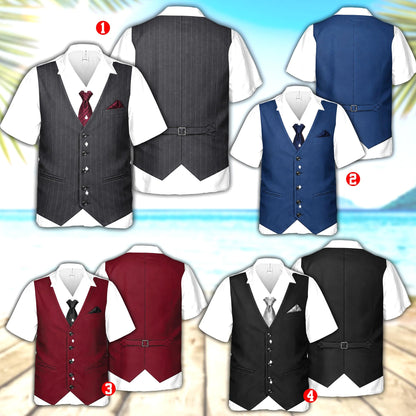 Multicolor tuxedo vest hawaiian shirt, alternate lifestyle view