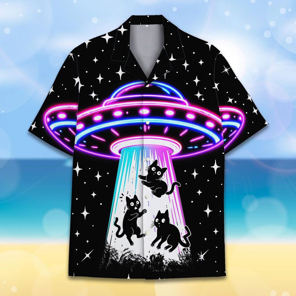 Detailed front view of the neon space design on the hawaiian shirt