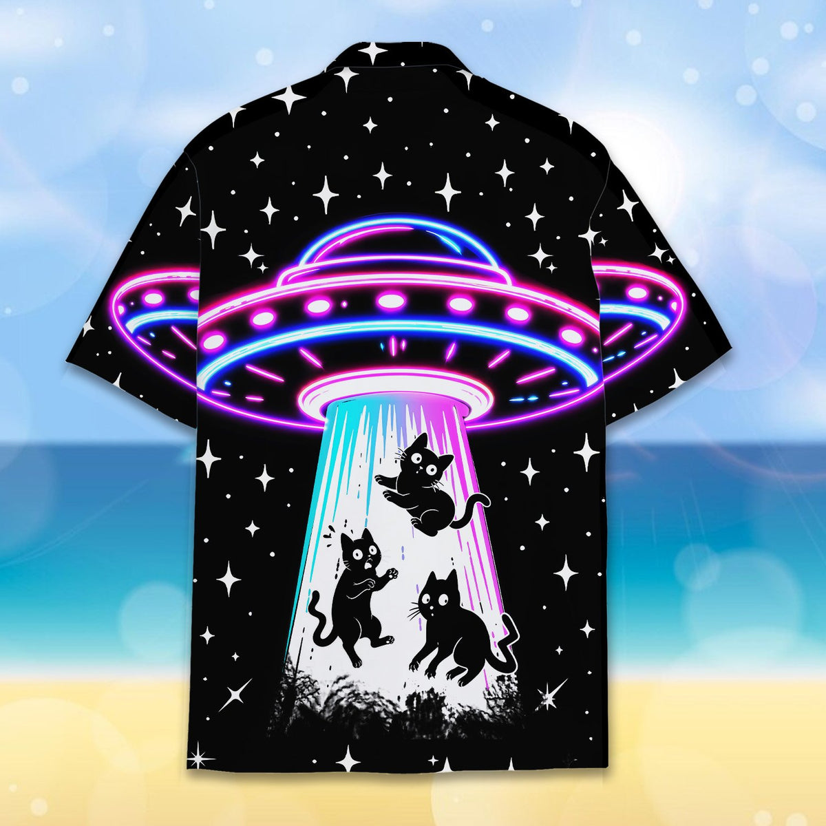 Front view of the black UFO hawaiian shirt