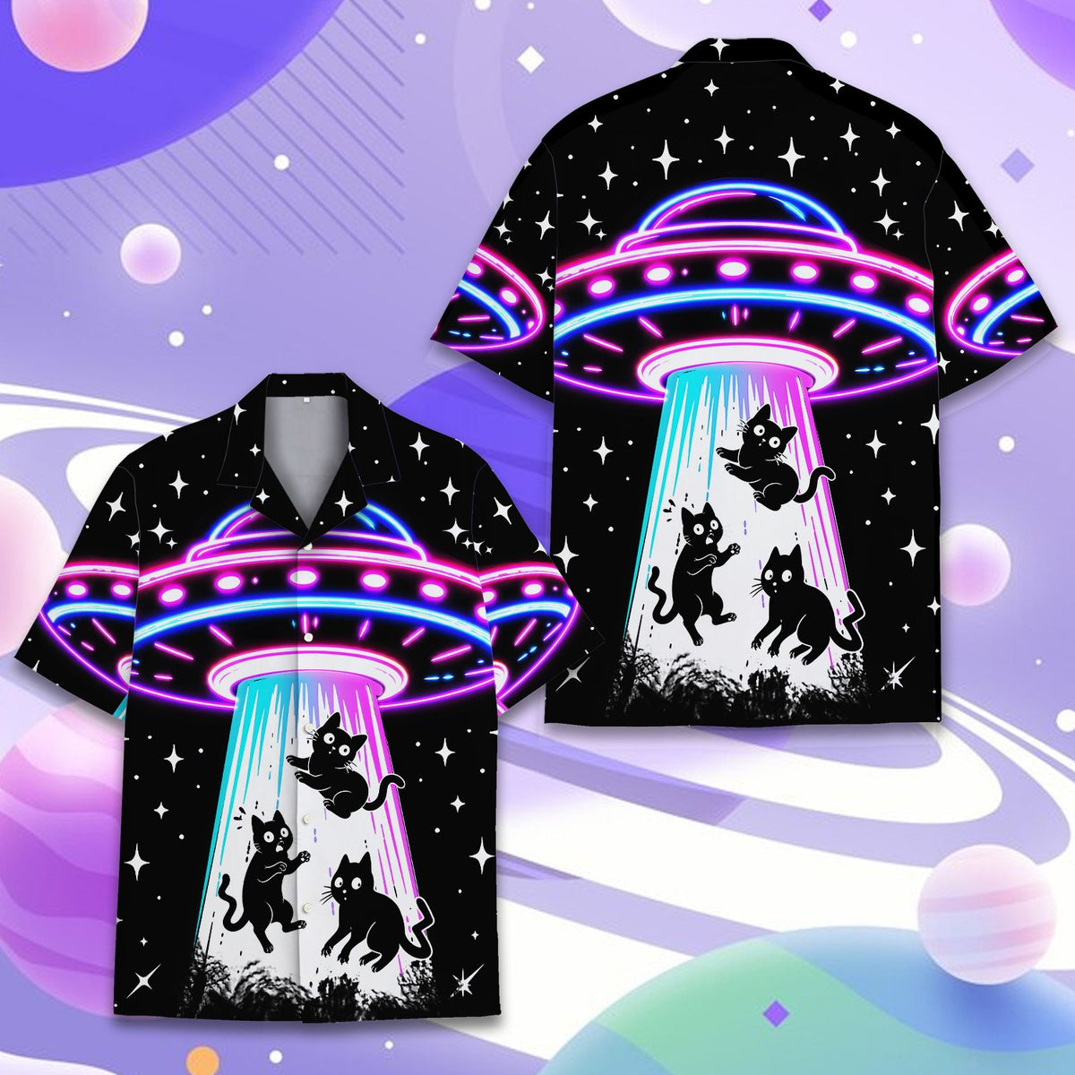 Lifestyle view of matching family hawaiian shirts featuring the space design