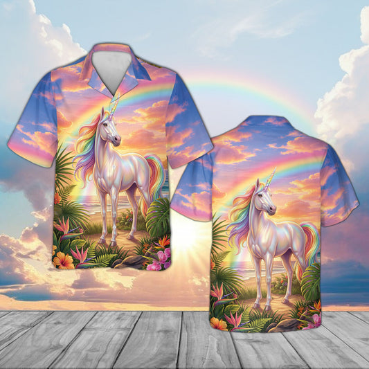 Unicorn pride hawaiian shirt featuring a colorful rainbow unicorn on a tropical beach, main view
