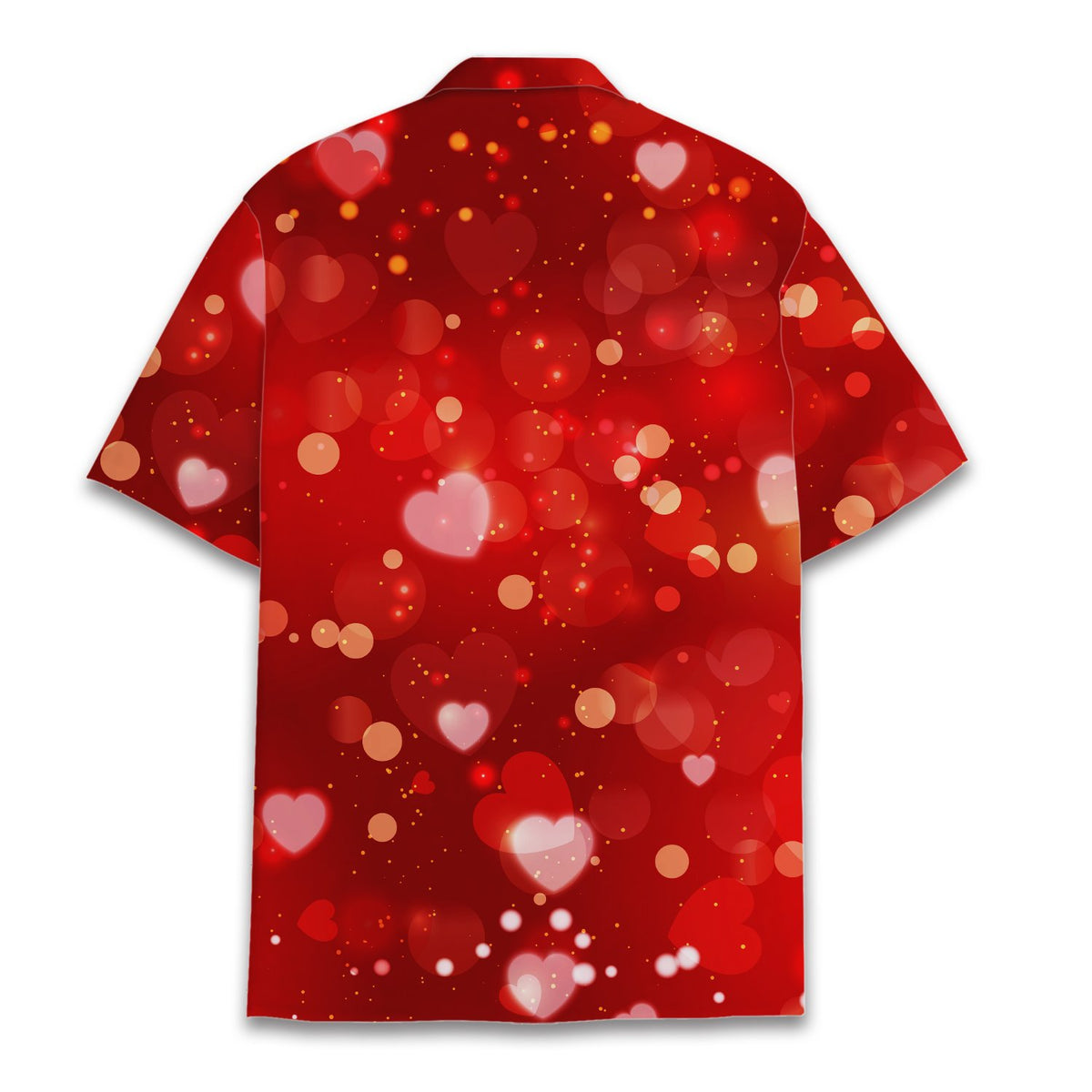 Back view of the vibrant red Valentine's Day hawaiian shirt
