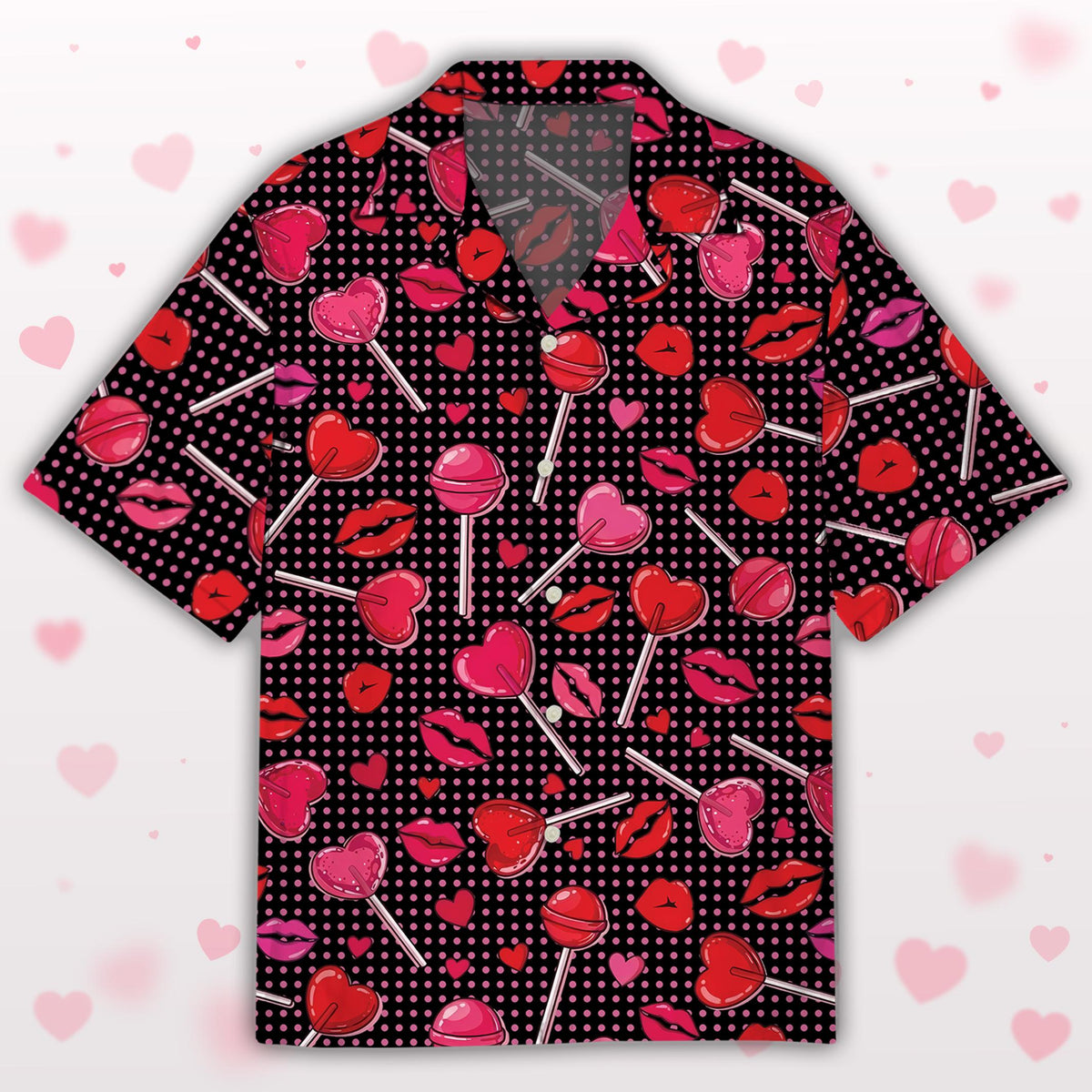 Pink valentine hawaiian shirt with matching family prints, front view