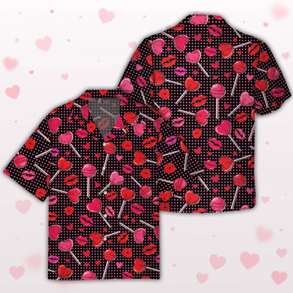 Matching family hawaiian shirt with red and pink lollipops on black polka dots
