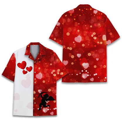 Close up front view of the Cupid and floating hearts design on the hawaiian shirt