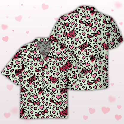 Pink valentine hawaiian shirt with XOXO and broken hearts design