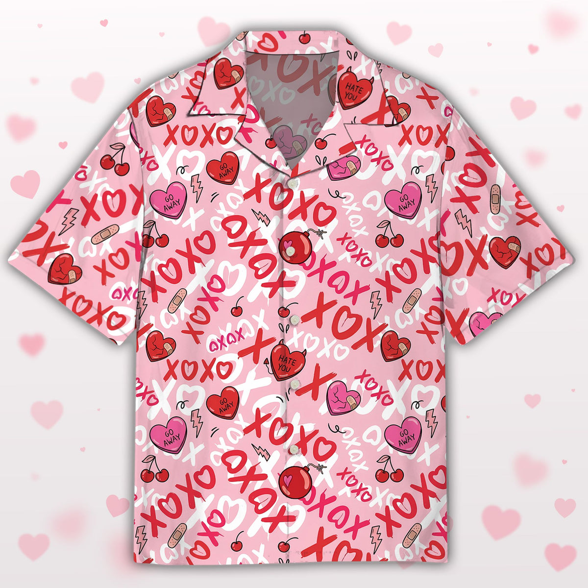 Holiday hawaiian shirt featuring pink, green, and red camo with hearts