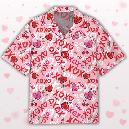 Holiday hawaiian shirt featuring pink, green, and red camo with hearts