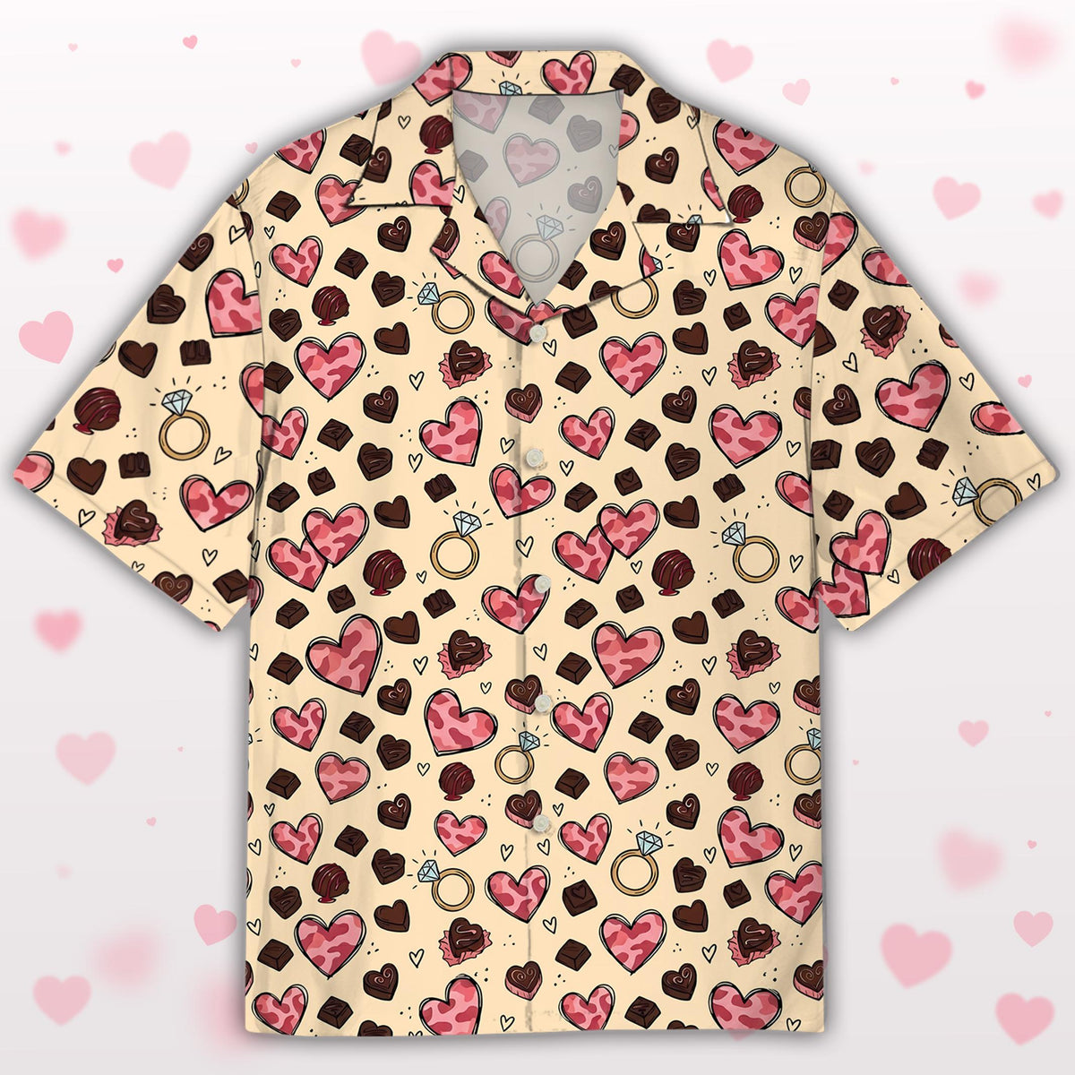 Matching family hawaiian shirt showing colorful Valentine prints