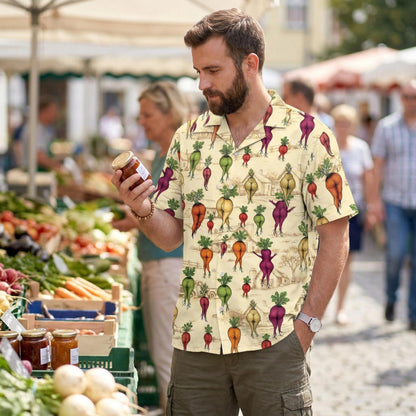 Another lifestyle view of the beige vegetables Hawaiian shirt