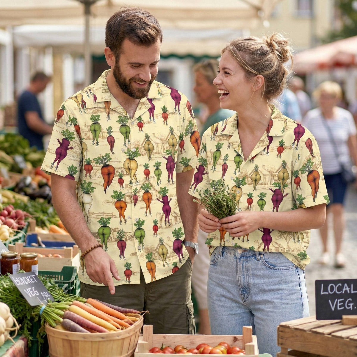 Fourth lifestyle view of the beige vegetables Hawaiian shirt