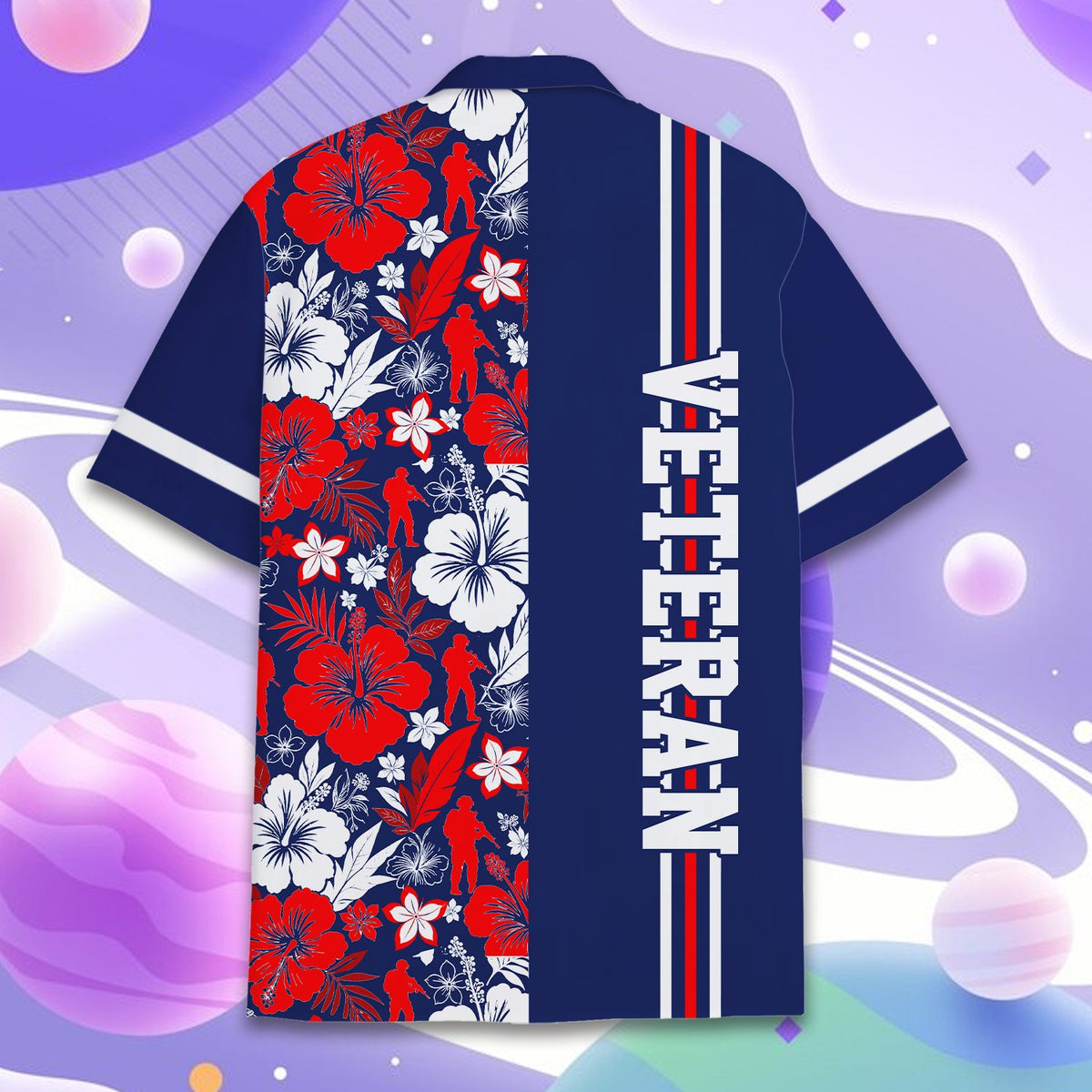 Close up back view highlighting the soldier silhouettes and tropical floral pattern