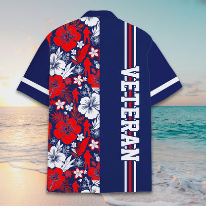 Back view of the matching family hawaiian shirt showing the continuous floral and navy split
