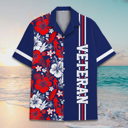 Close up front view of the floral hawaiian shirt details and veteran text