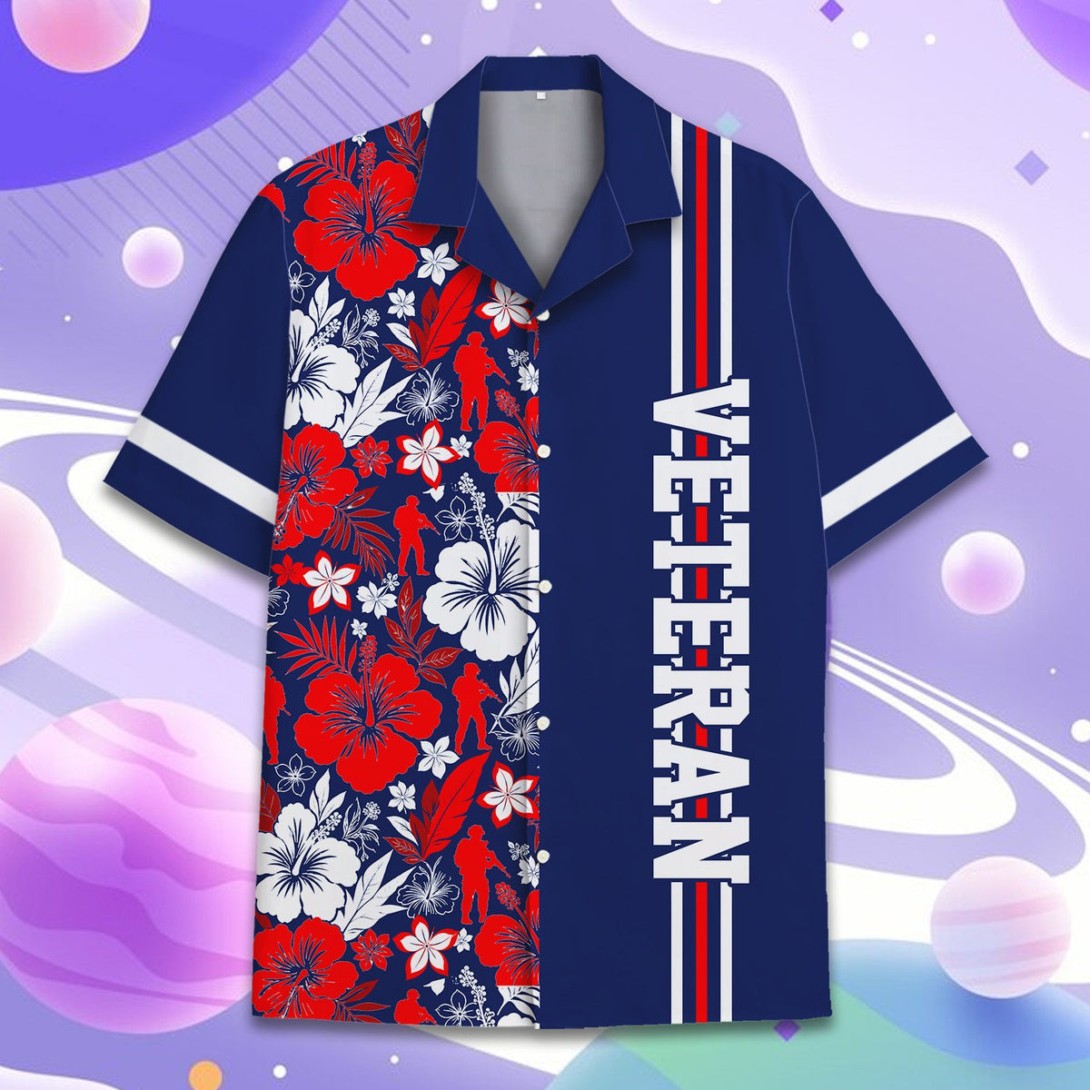 Matching family hawaiian shirts with patriotic veteran design, main view alternate