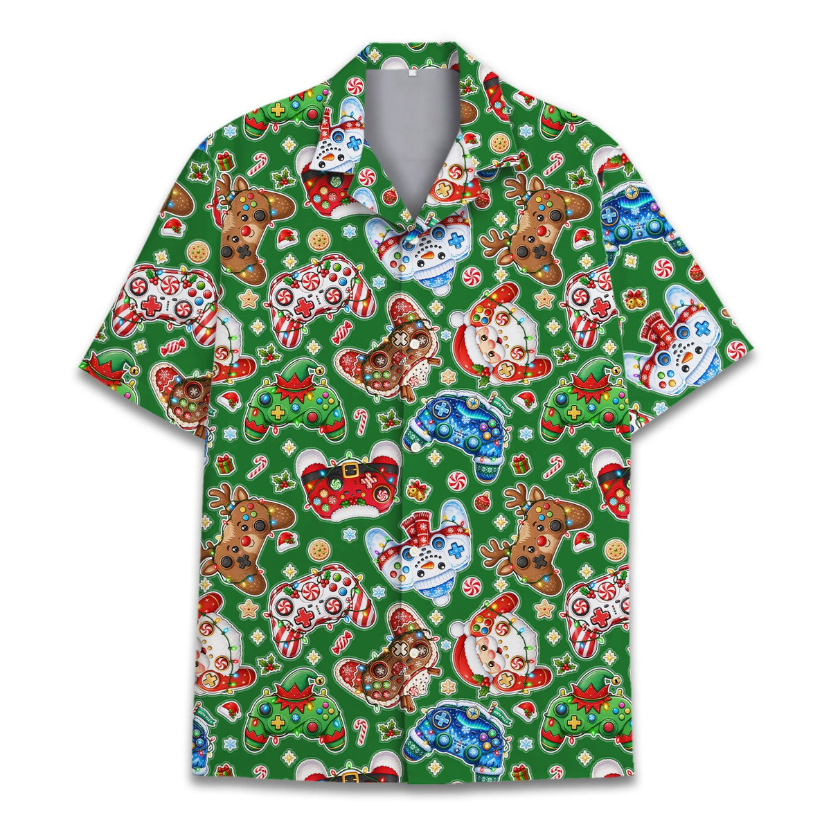 Green video game hawaiian shirt featuring holiday controllers for family matching outfits