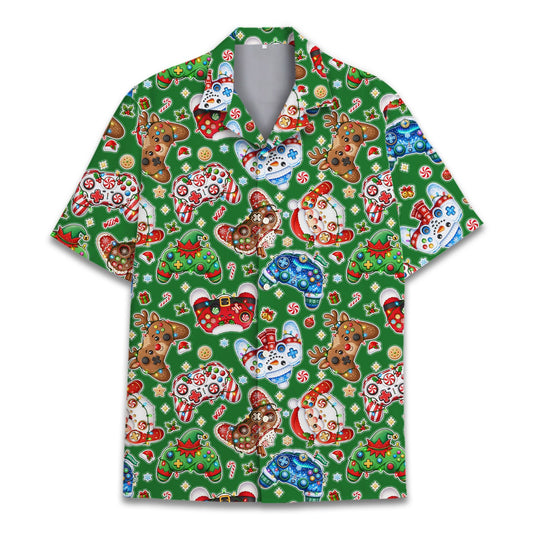 Green video game hawaiian shirt featuring holiday controllers for family matching outfits