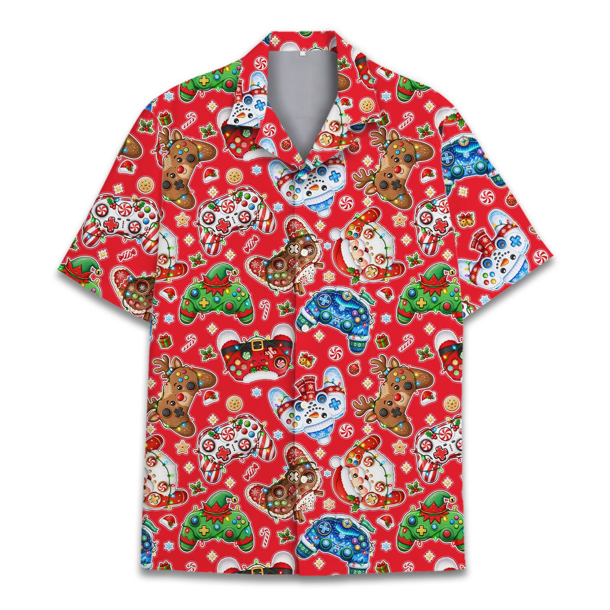 Red video game hawaiian shirt with winter holiday controller design