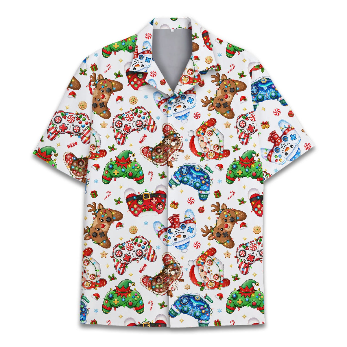 White video game hawaiian shirt with festive gamer pattern