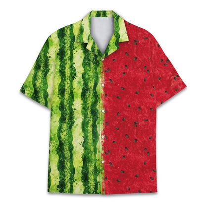 Close up front view of the red and green watermelon hawaiian shirt