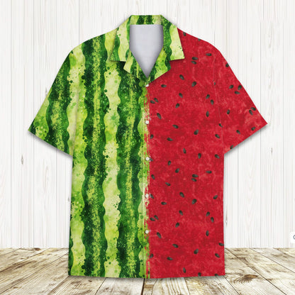 Front detail of the split design watermelon hawaiian shirt