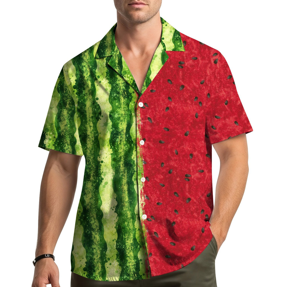 Lifestyle view of the family matching watermelon hawaiian shirt