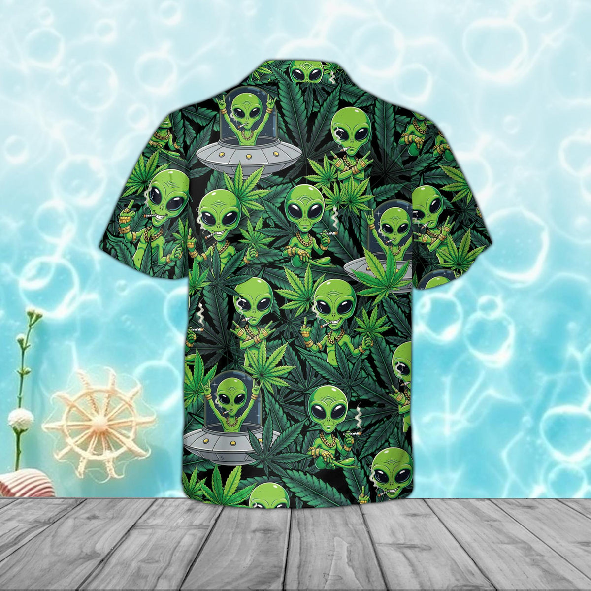 Back view of the weed alien hawaiian shirt