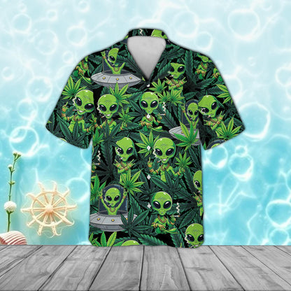 Weed alien hawaiian shirt front view with green extraterrestrials and leaves