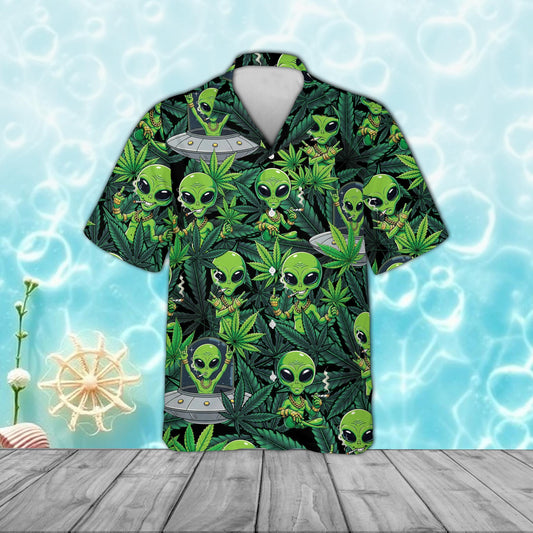 Weed alien hawaiian shirt front view with green extraterrestrials and leaves