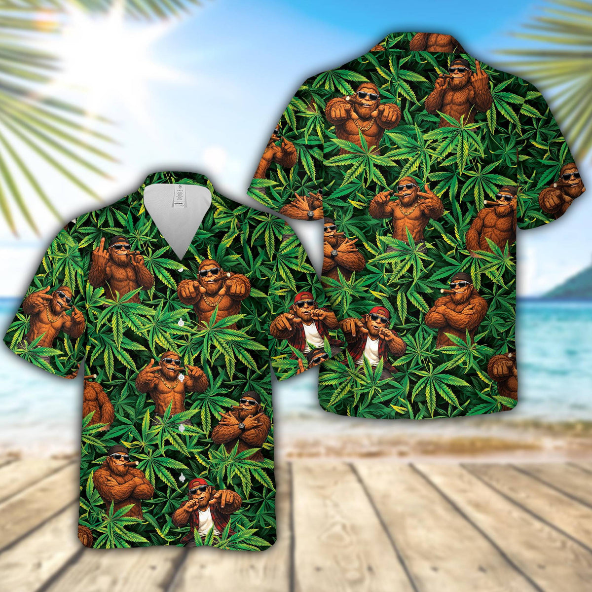 Matching family weed/bigfoot hawaiian shirt featuring a repeating leaf and Bigfoot pattern, main view