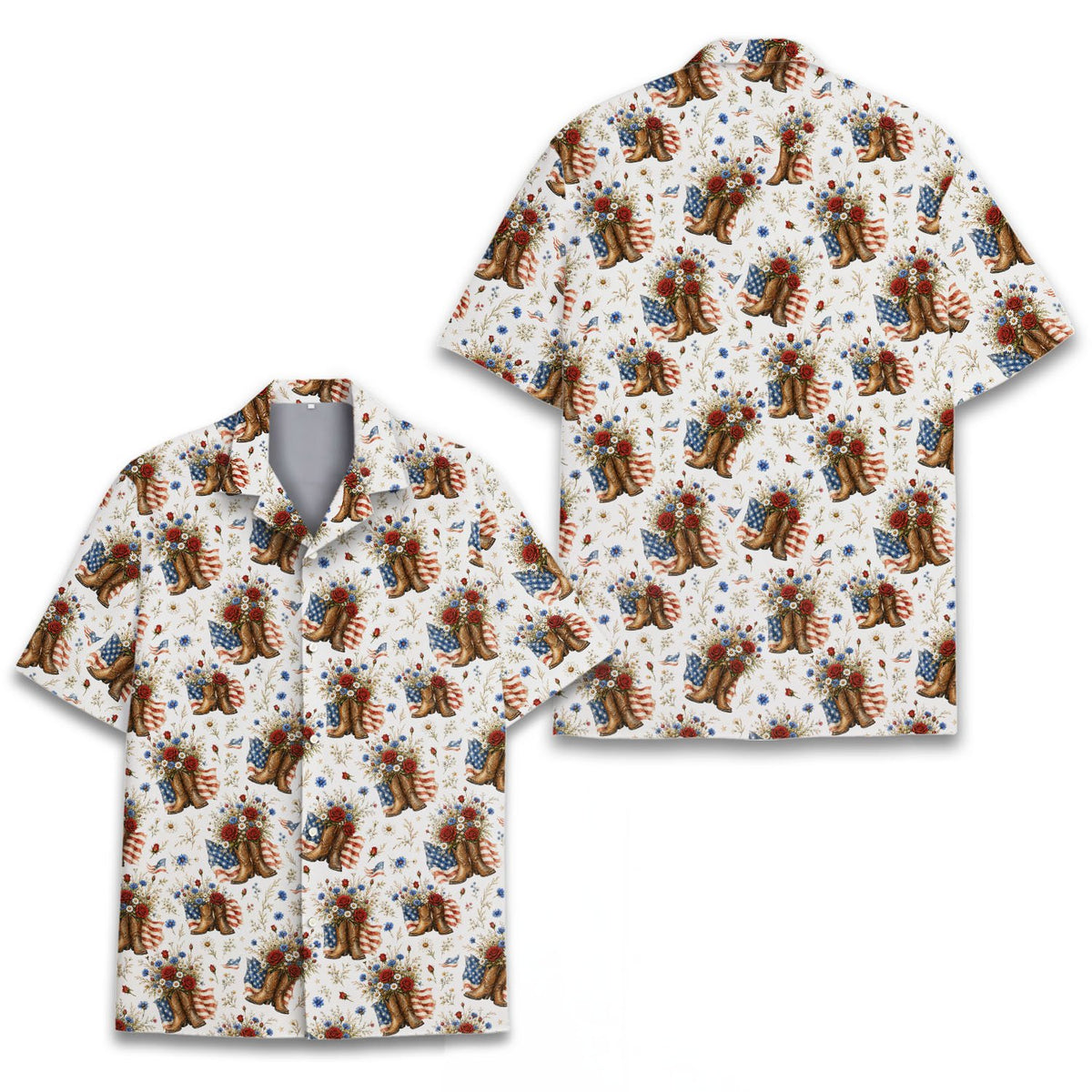 White western hawaiian shirt with cowboy boots and American flags, front view