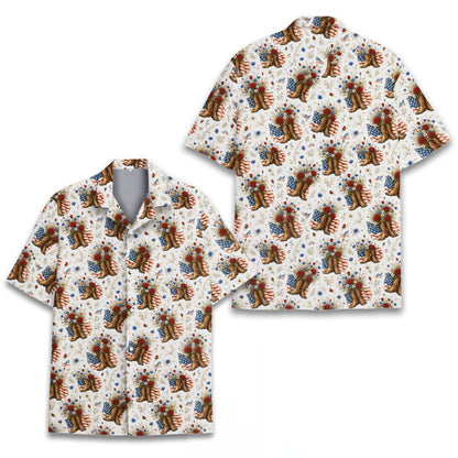 White western hawaiian shirt with cowboy boots and American flags, front view