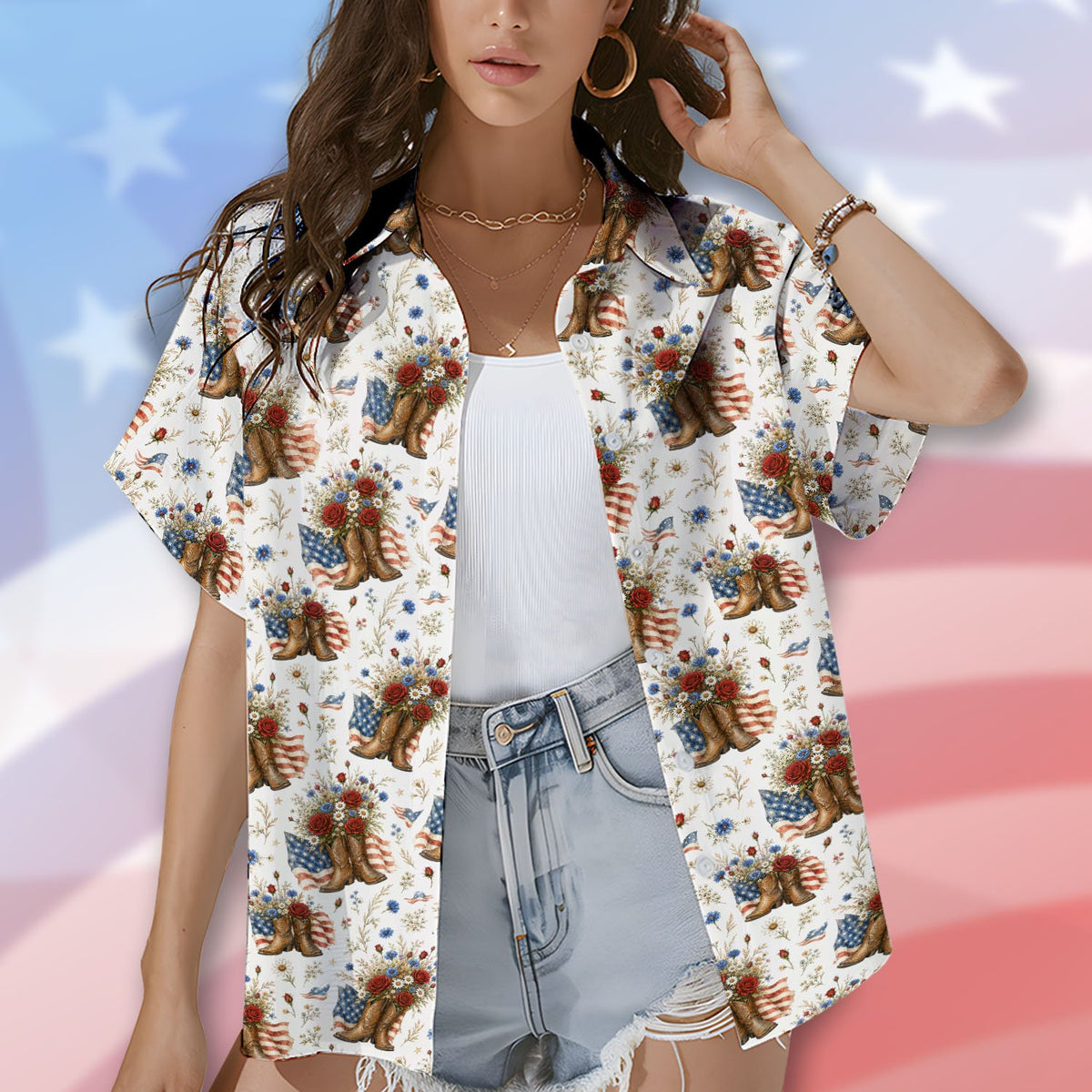 Lifestyle image showing the western hawaiian shirt in an outdoor setting