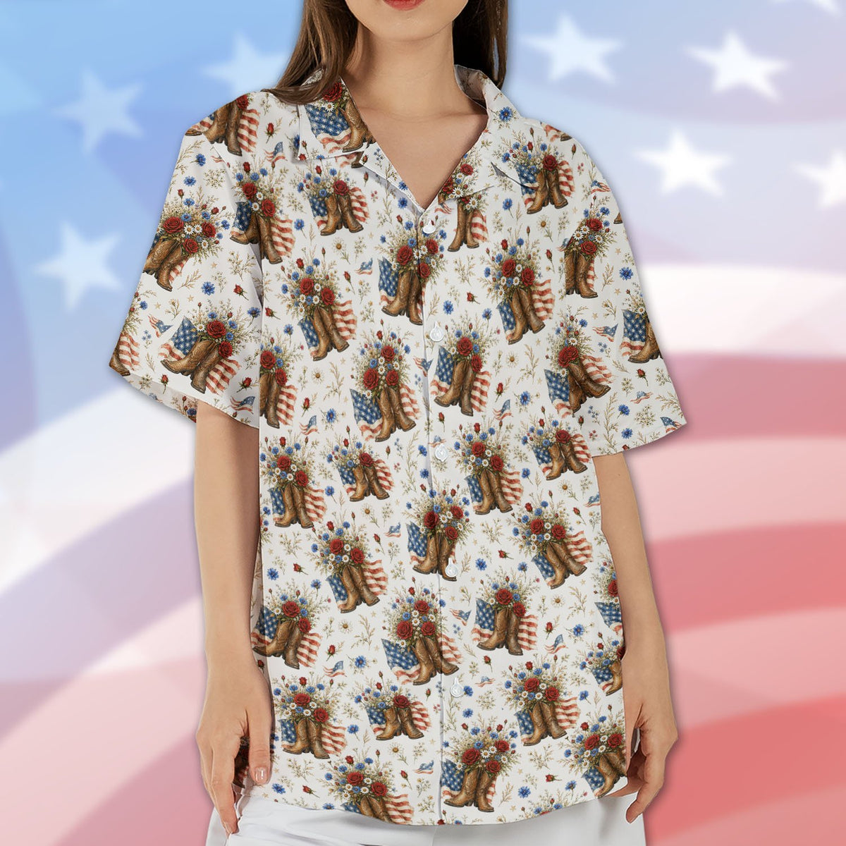 Lifestyle image showing the vibrant red and blue details of the shirt
