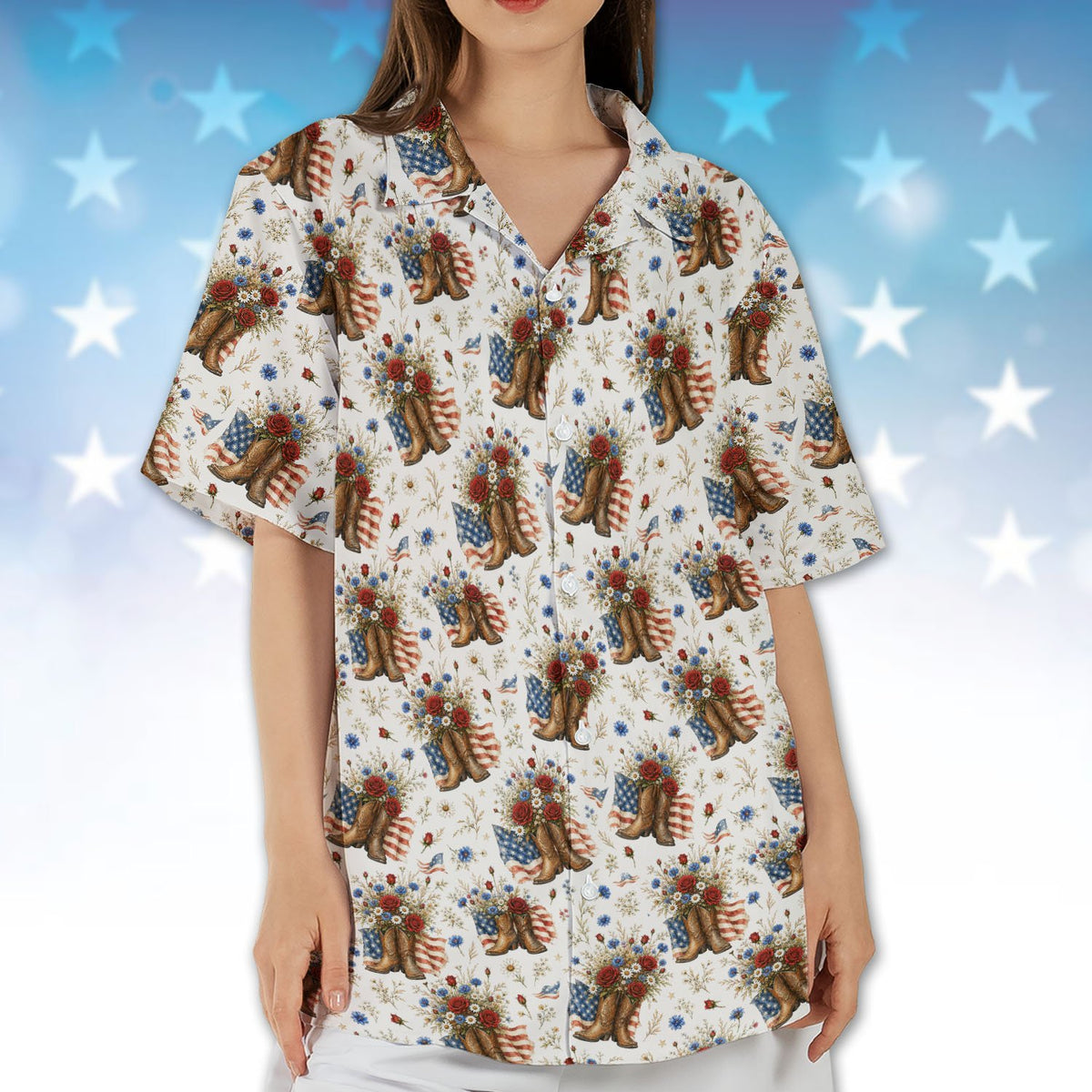 Back lifestyle view of the western Americana Hawaiian shirt