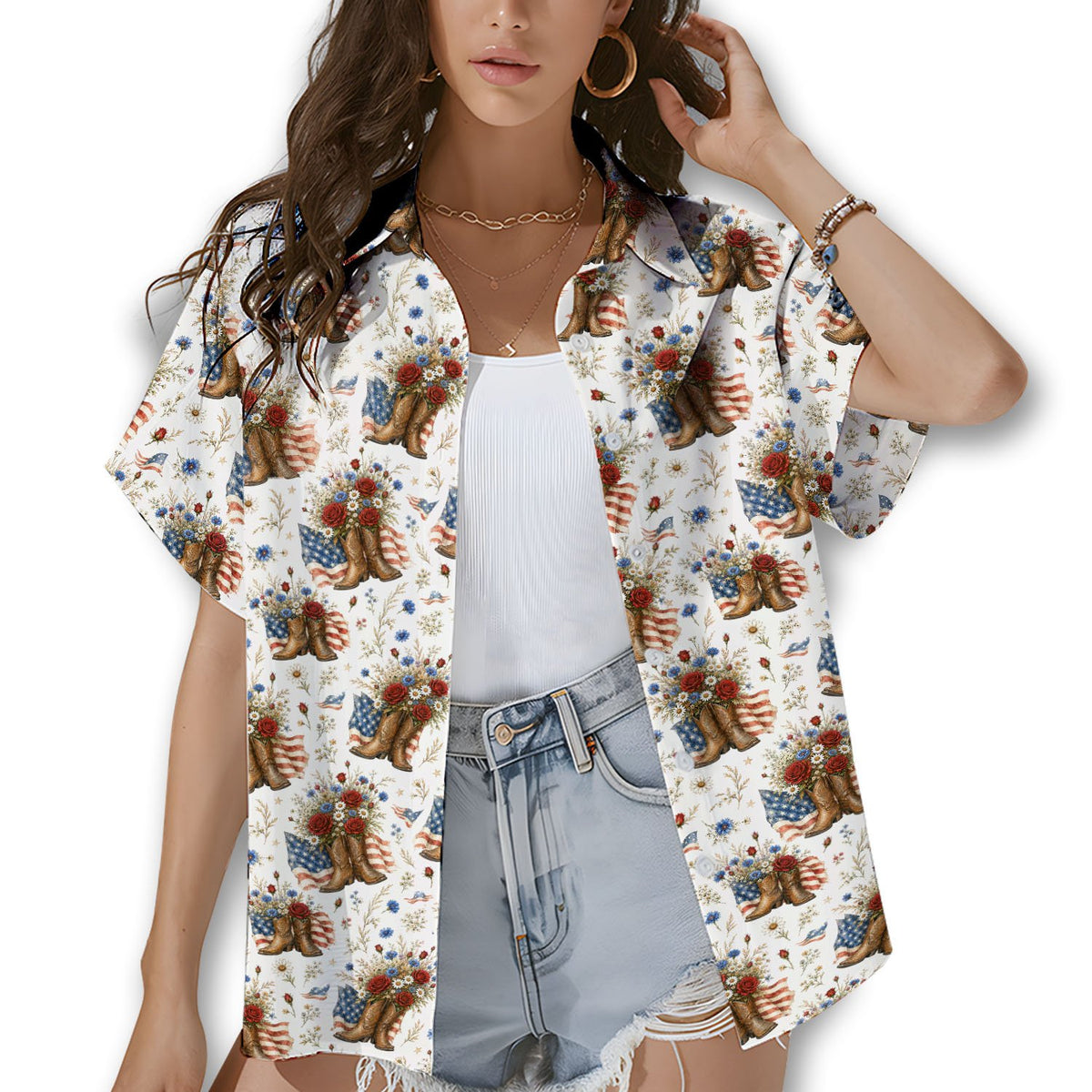 Lifestyle view of the matching family Hawaiian shirt with Americana design